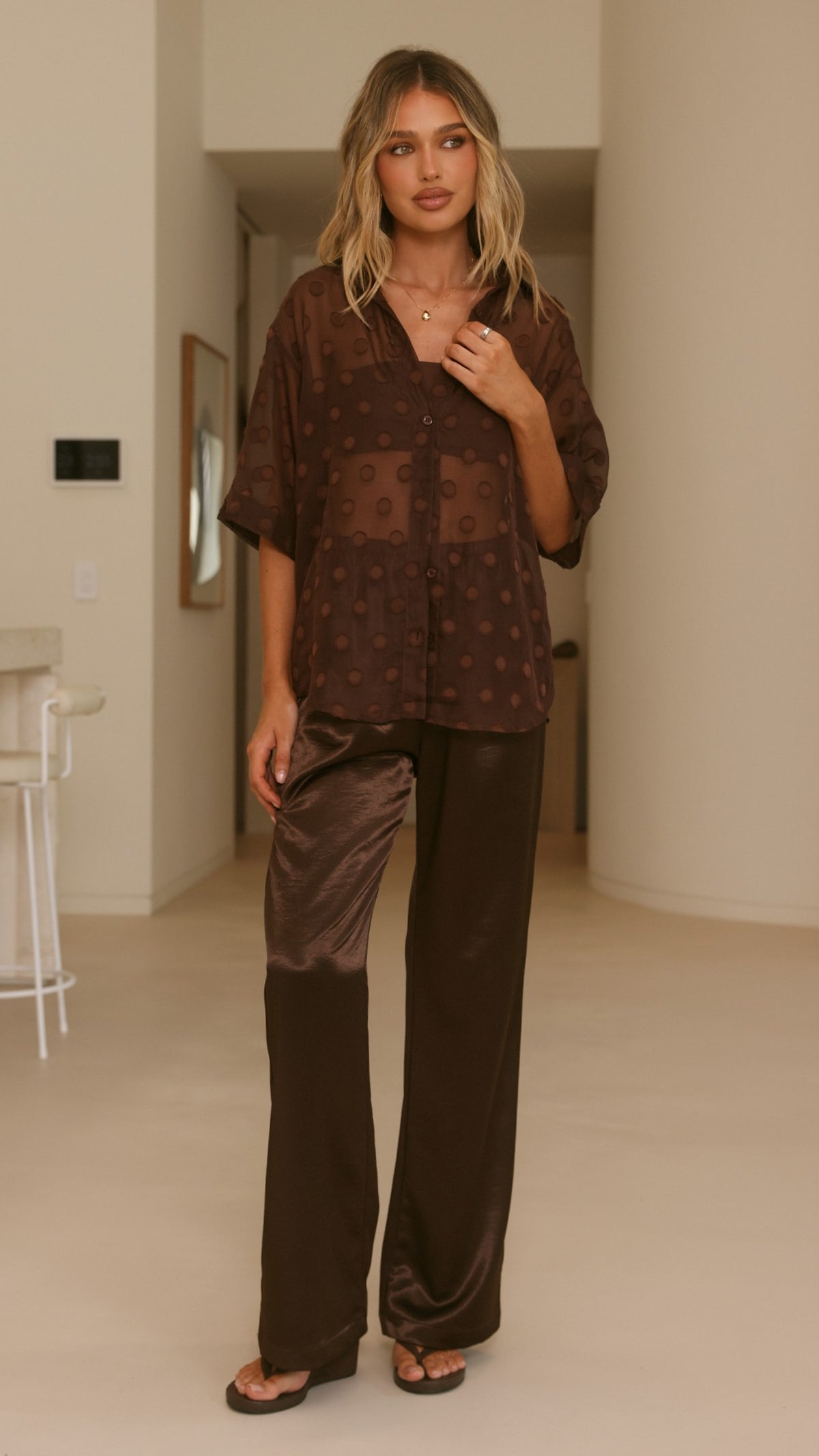 Katherine Semi Sheer Button Up Shirt - Chocolate Spot