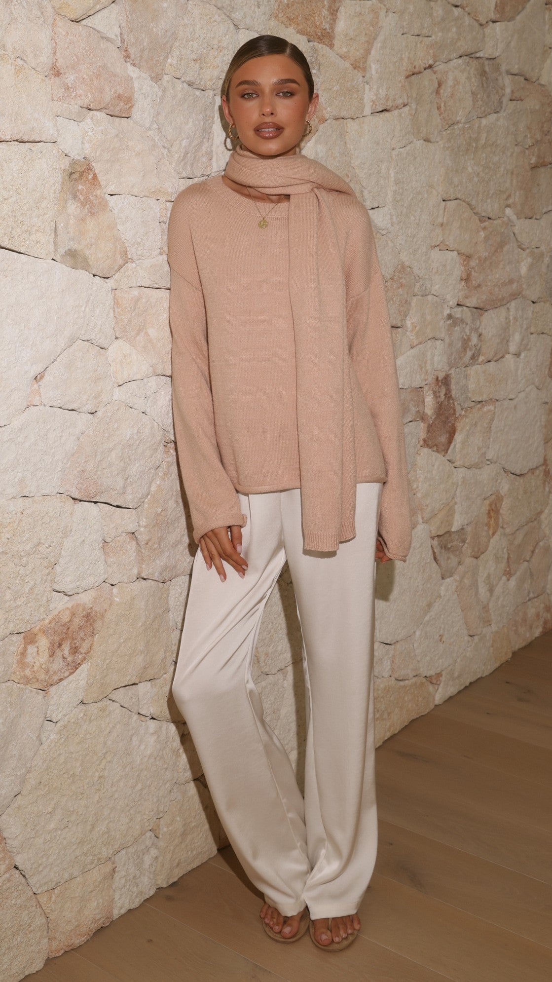 Jazmine Knitted Sweater and Scarf - Peach - Billy J