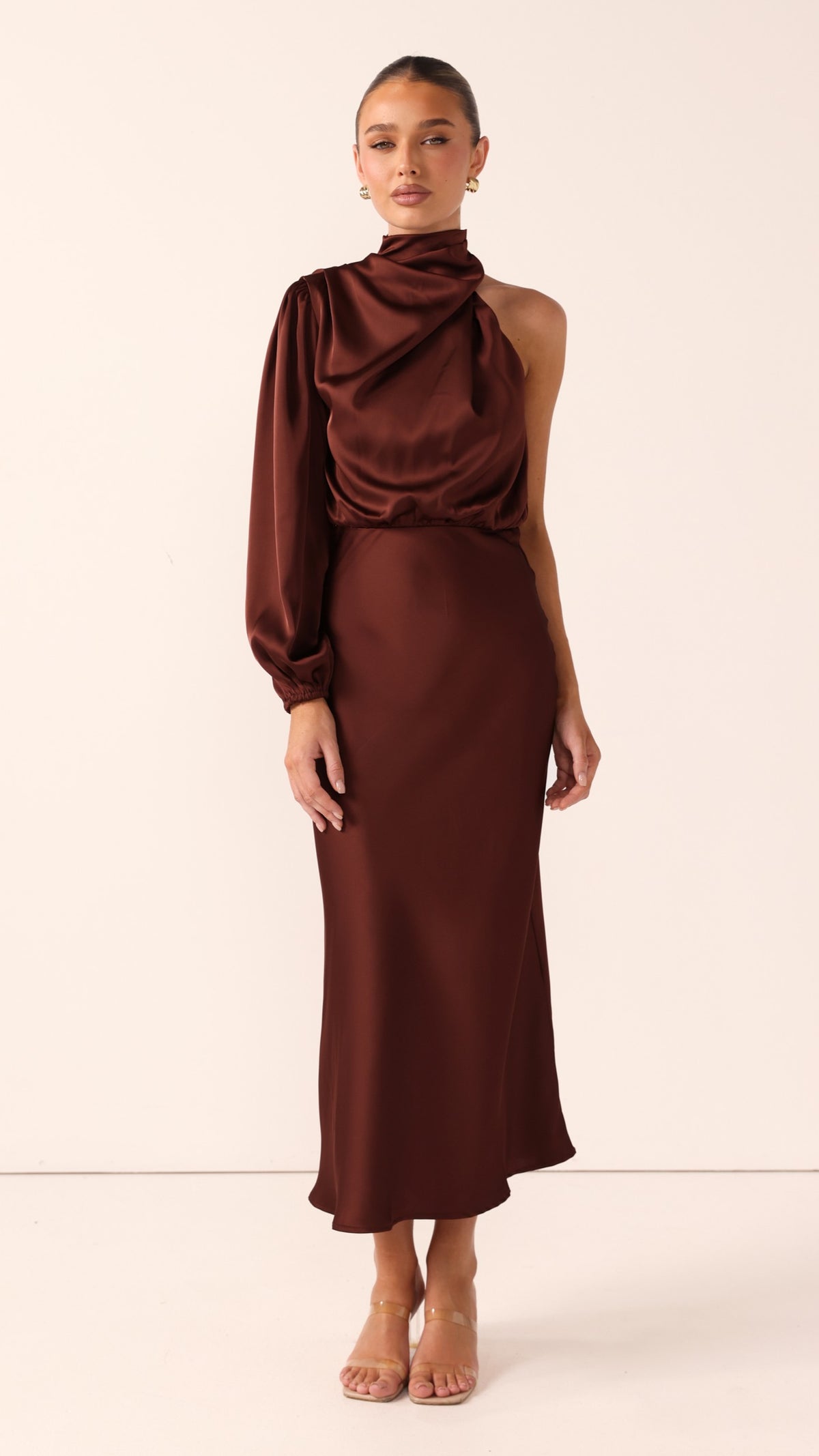 Esther One Shoulder Long Sleeve Dress - Brown - Billy J