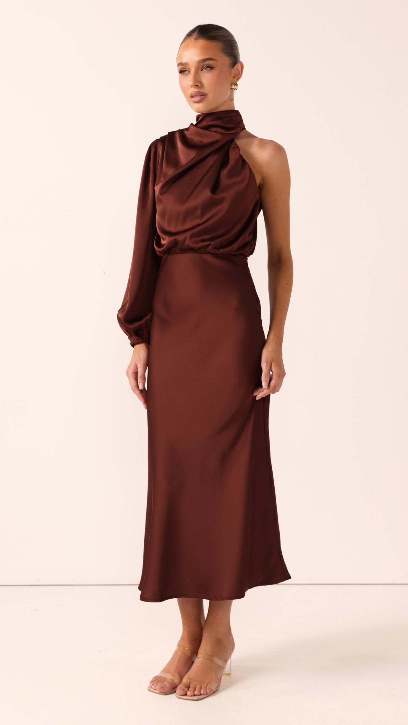 Esther One Shoulder Long Sleeve Dress - Brown - Billy J