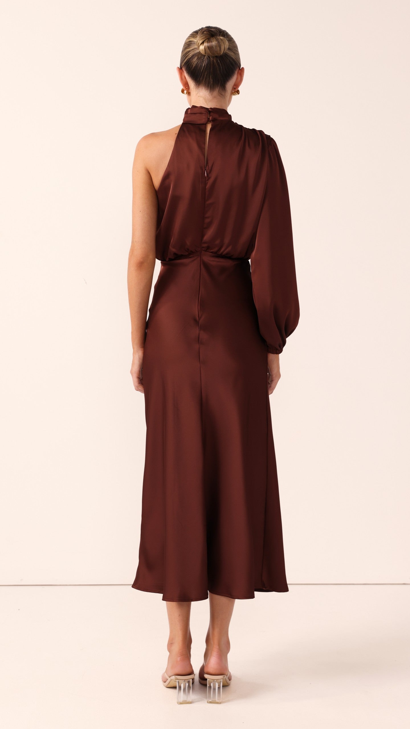 Esther One Shoulder Long Sleeve Dress - Brown - Billy J