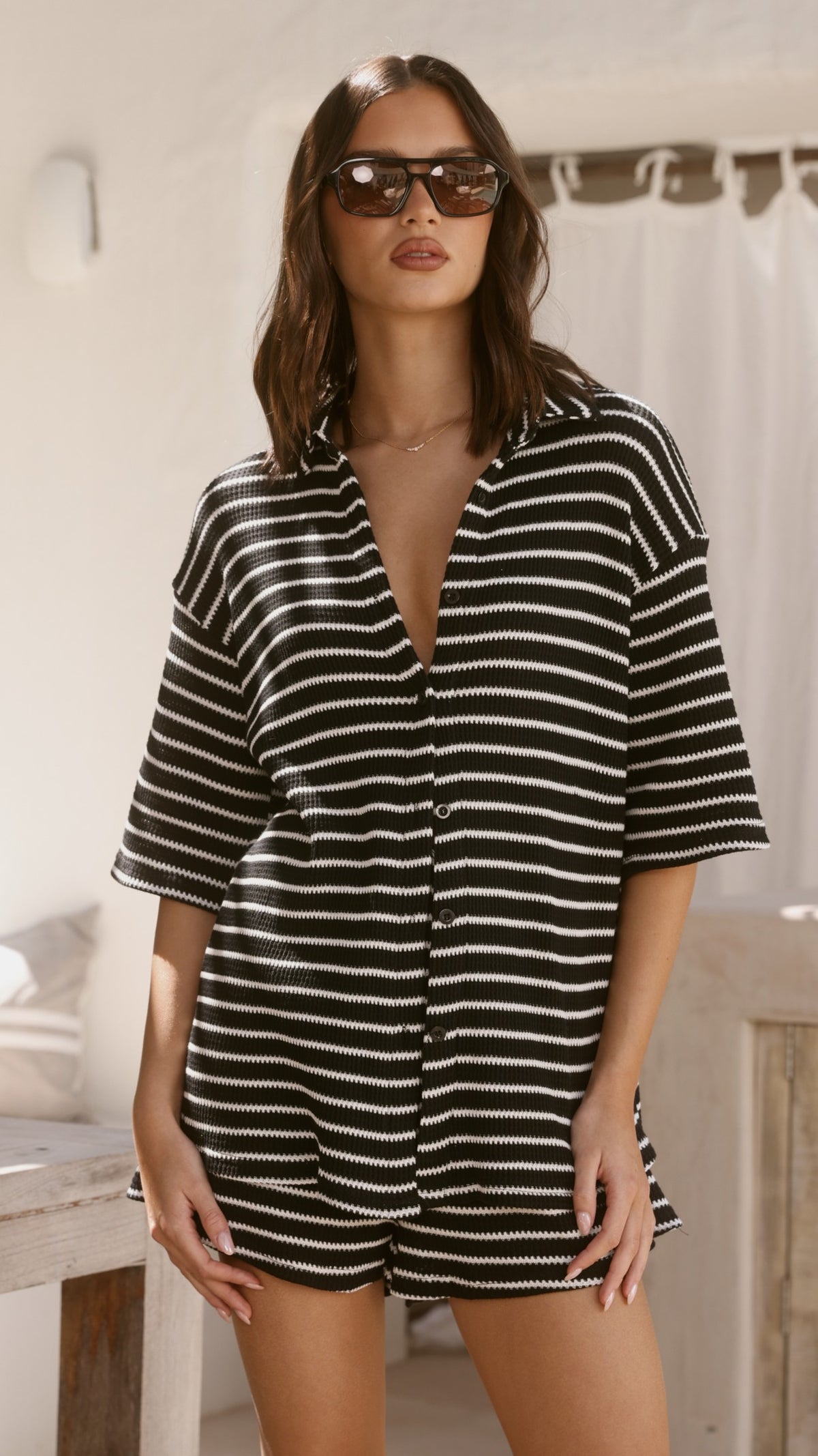 Lacole Button Up Shirt and Shorts Set - Black / White Stripe - Billy J
