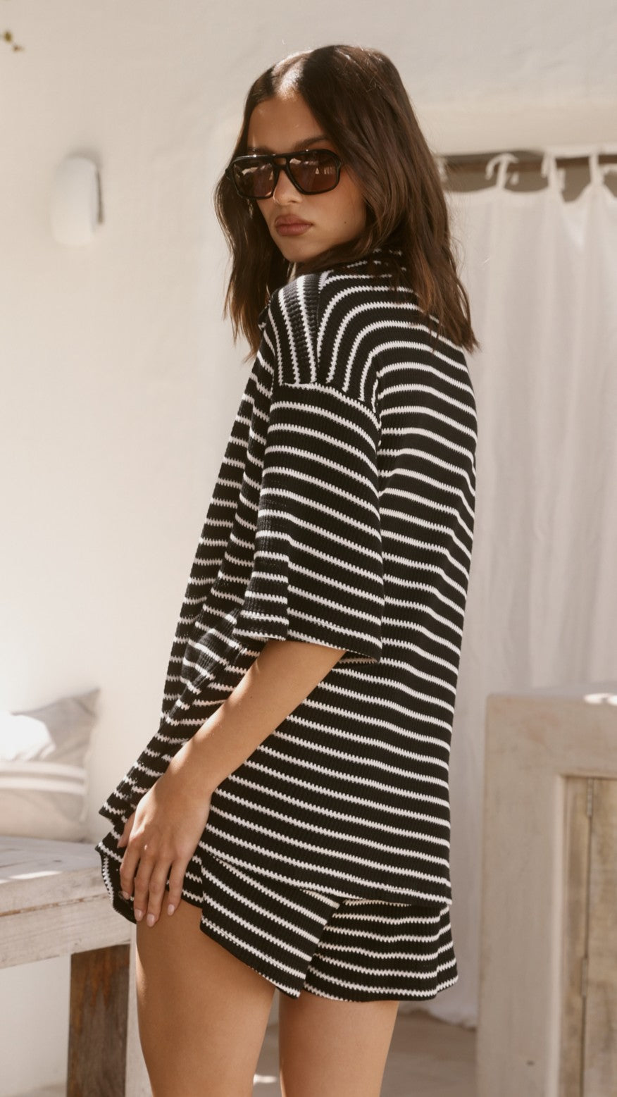 Lacole Button Up Shirt and Shorts Set - Black / White Stripe - Billy J