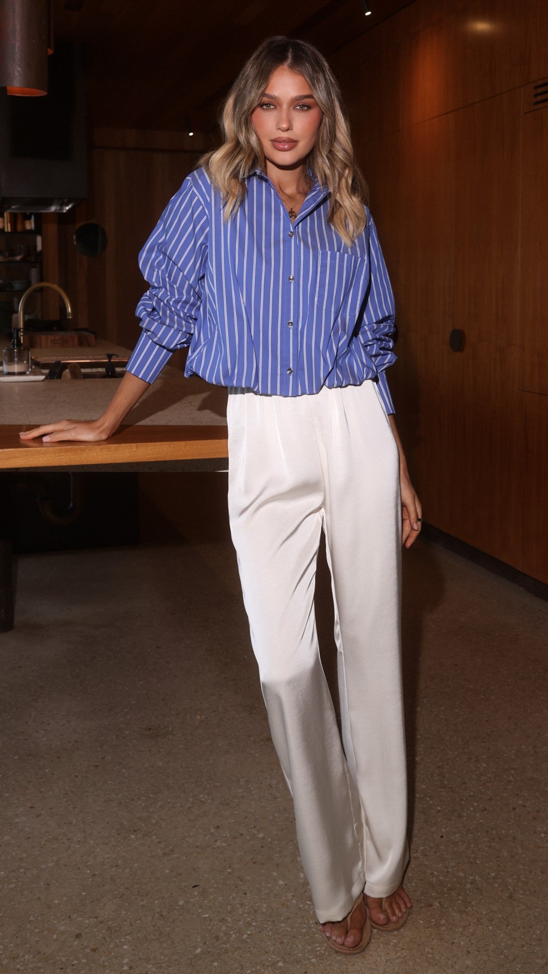 Rita Cropped Shirt - Blue/White Stripe - Billy J