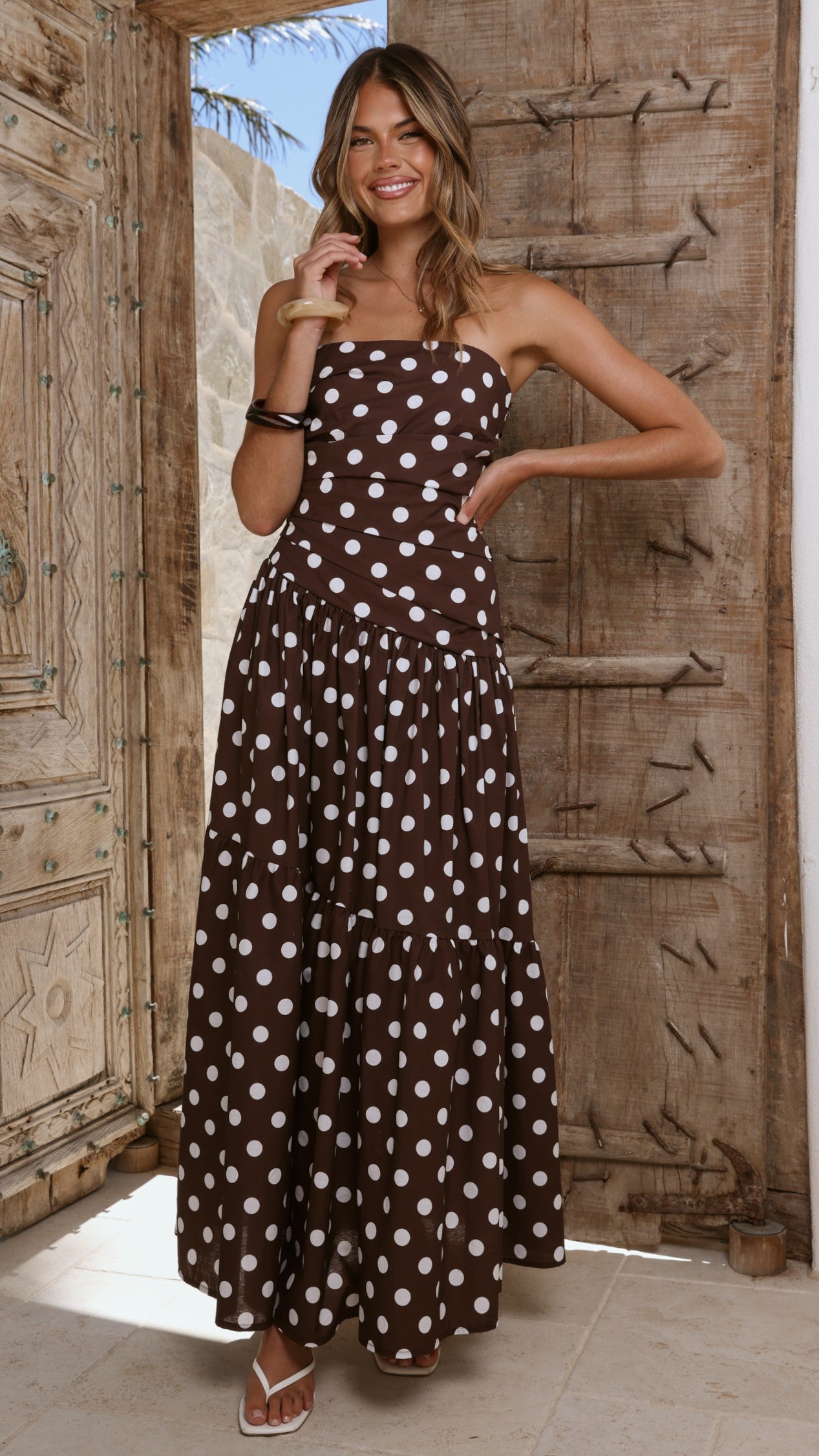 Lyra Maxi Dress - Brown/White Polka Dot - Billy J