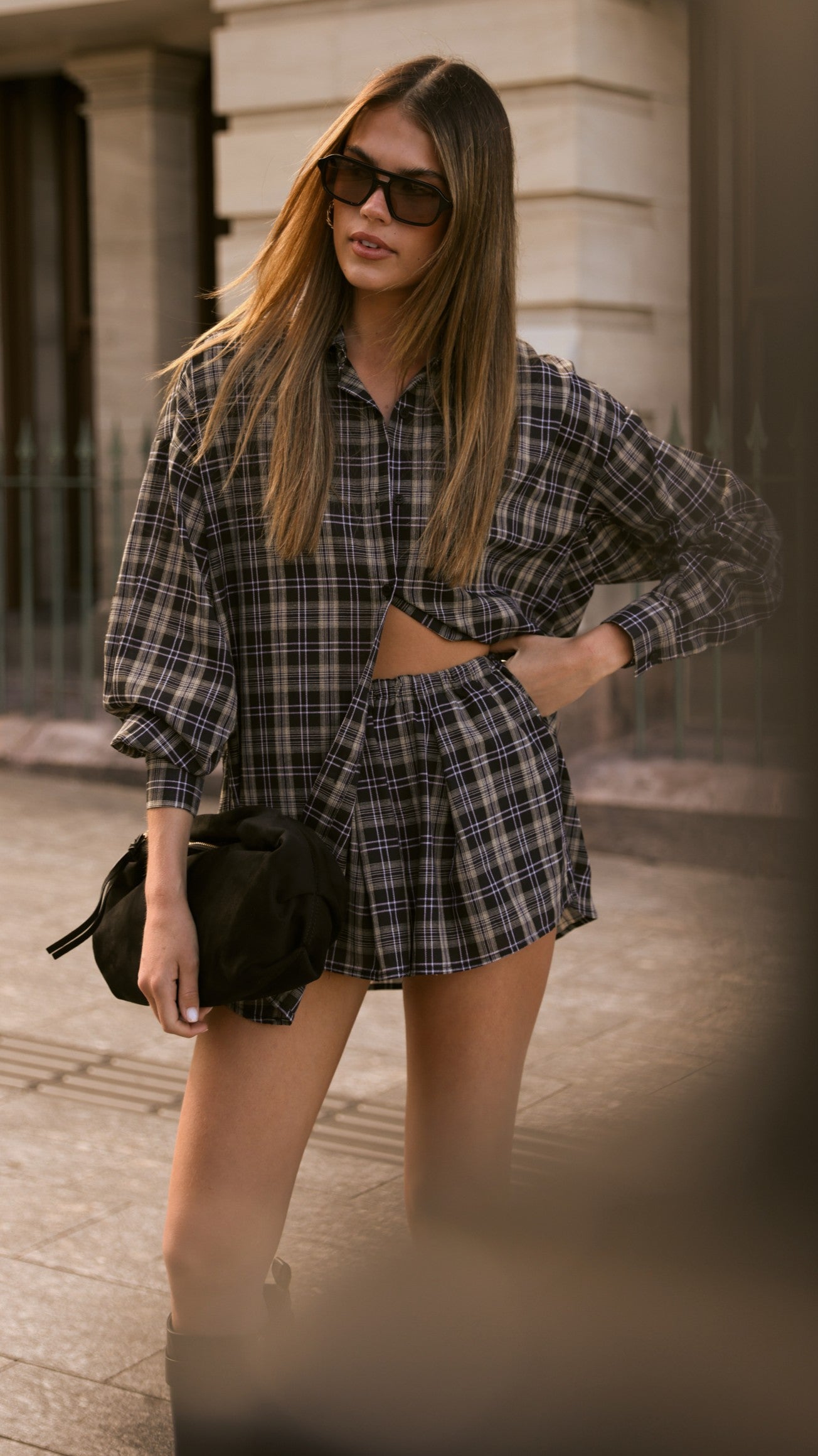 Arli Button Up Shirt - Black/Beige Plaid - Billy J