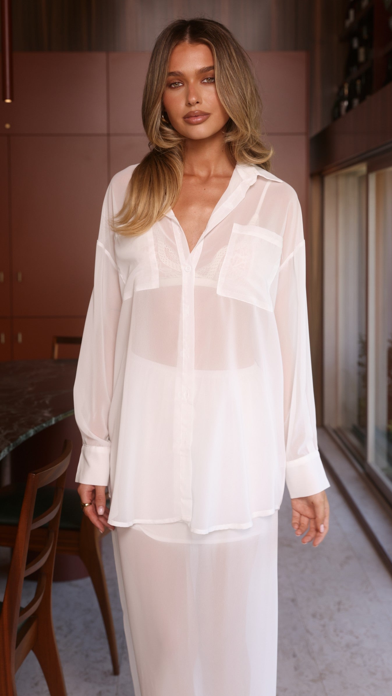 Adella Sheer Long Sleeve Top and Maxi Skirt Set - White - Billy J