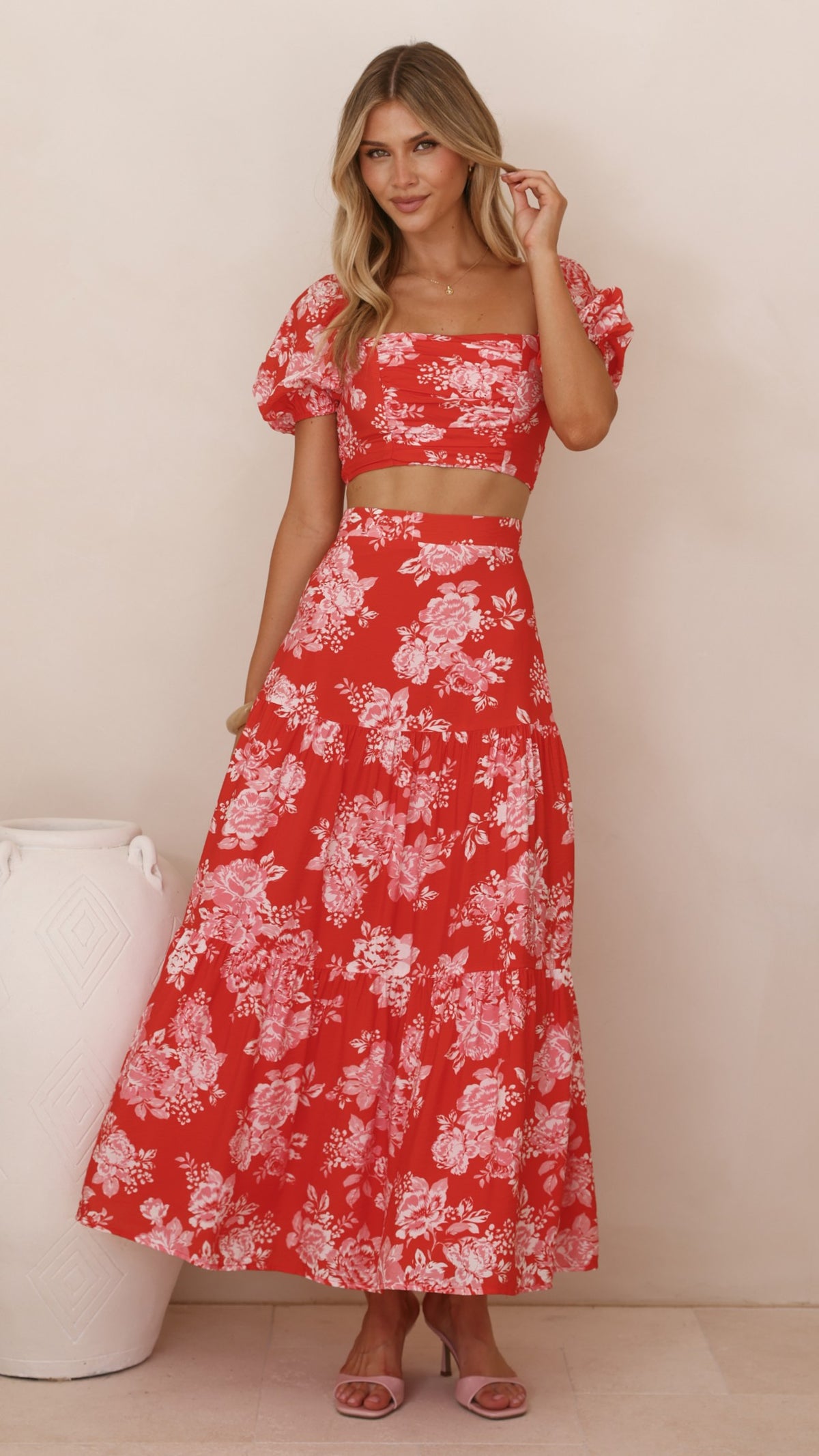 Calla Top and Maxi Skirt Set - Red Floral - Billy J