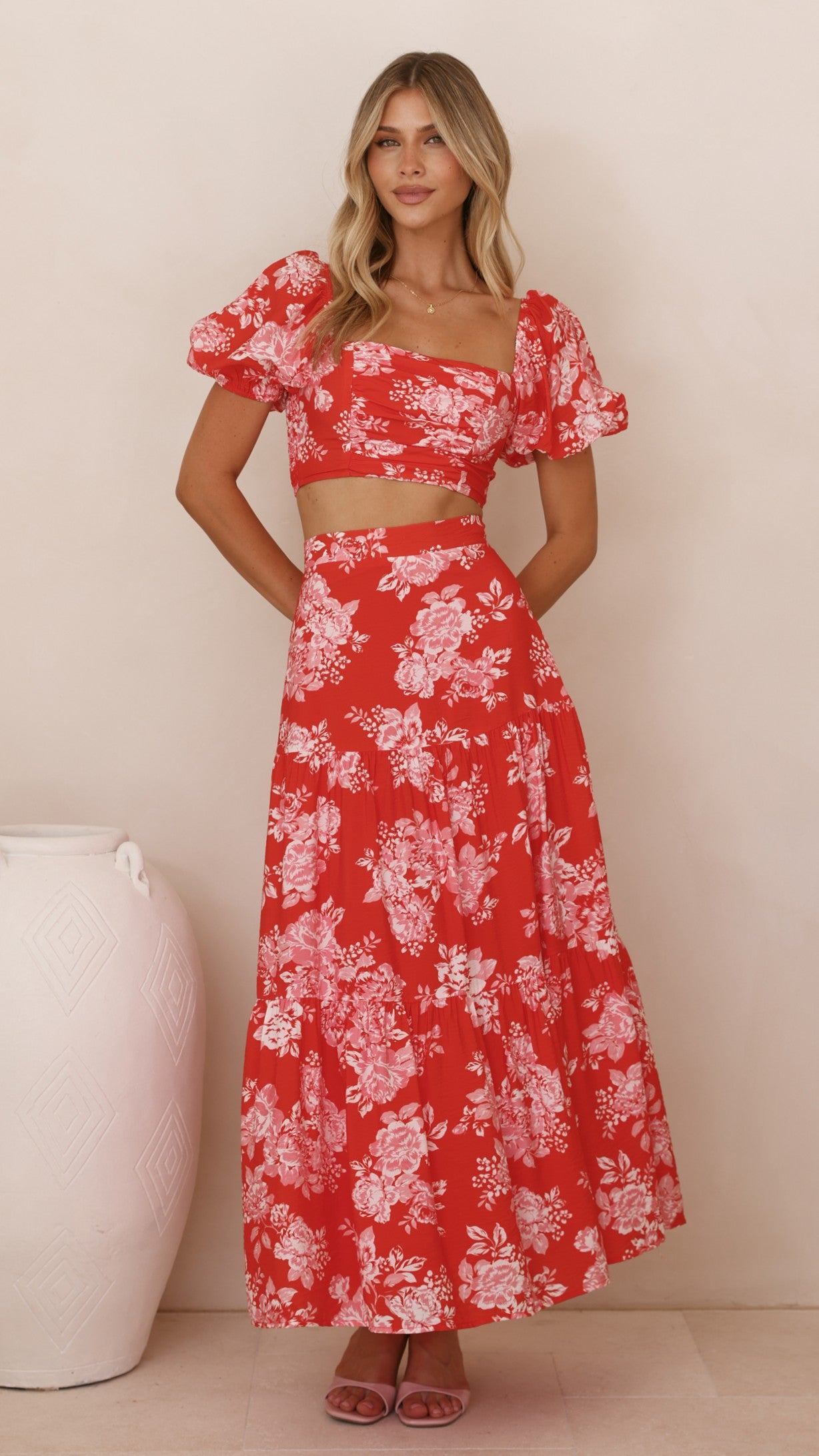 Calla Top and Maxi Skirt Set - Red Floral - Billy J