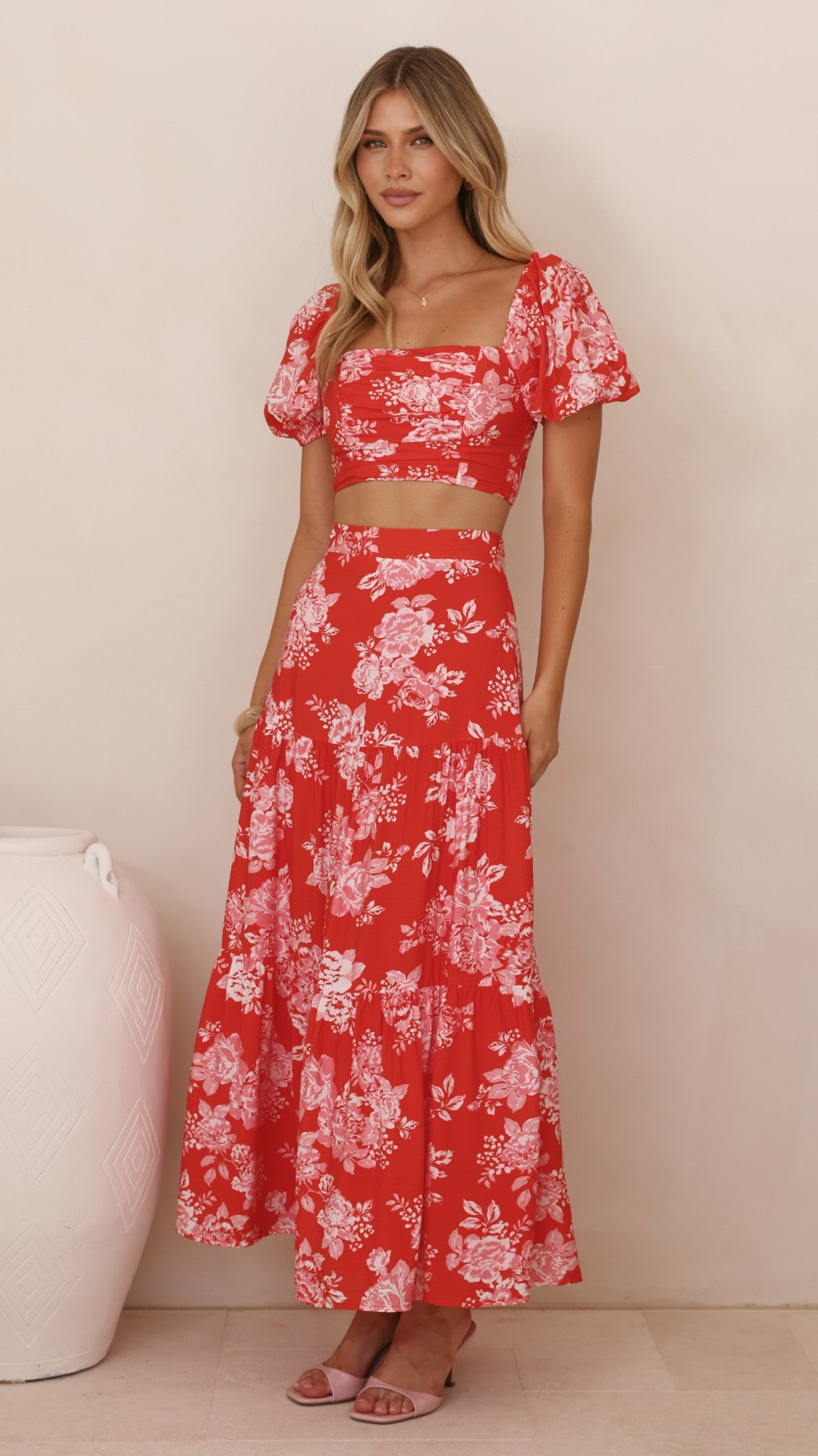 Calla Top and Maxi Skirt Set - Red Floral - Billy J