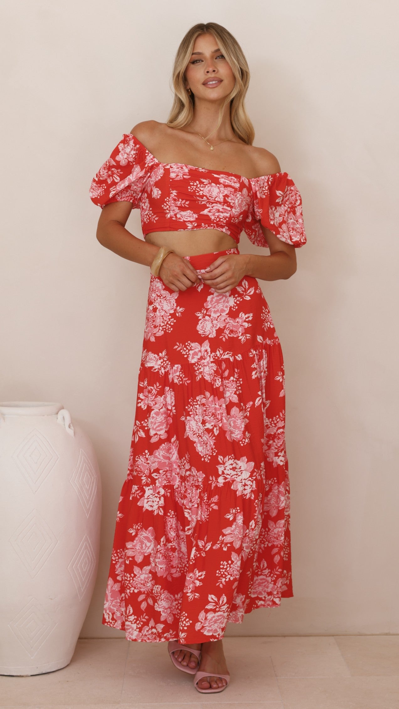 Calla Top and Maxi Skirt Set - Red Floral - Billy J