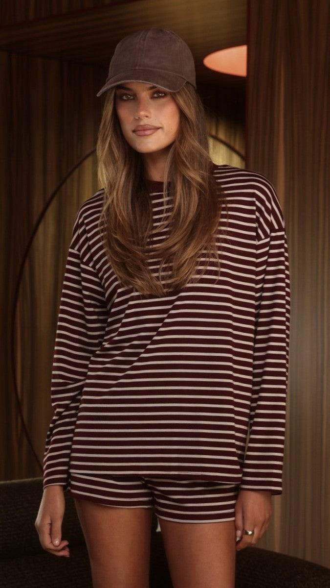 Flossie Long Sleeve Top and Shorts Set - Burgundy/Beige Stripe - Billy J