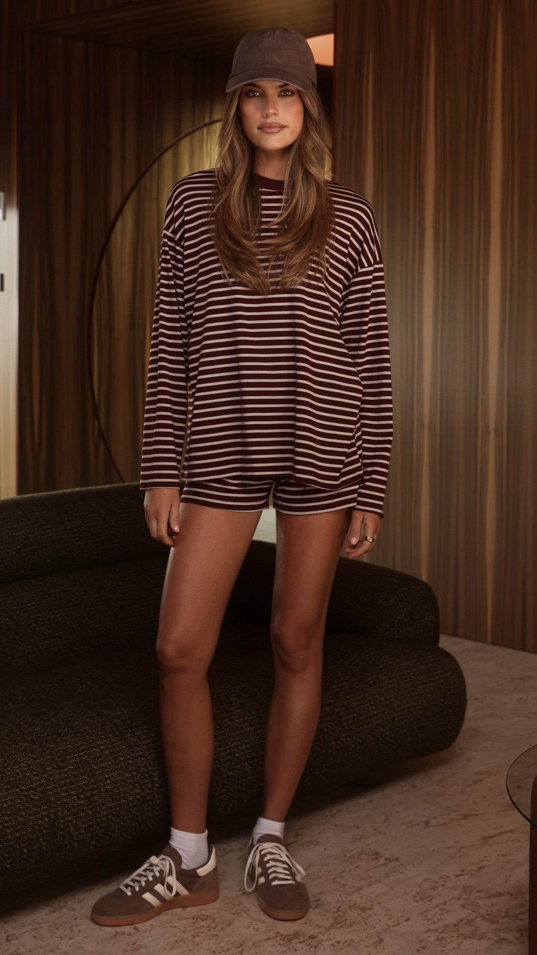 Flossie Long Sleeve Top and Shorts Set - Burgundy/Beige Stripe - Billy J
