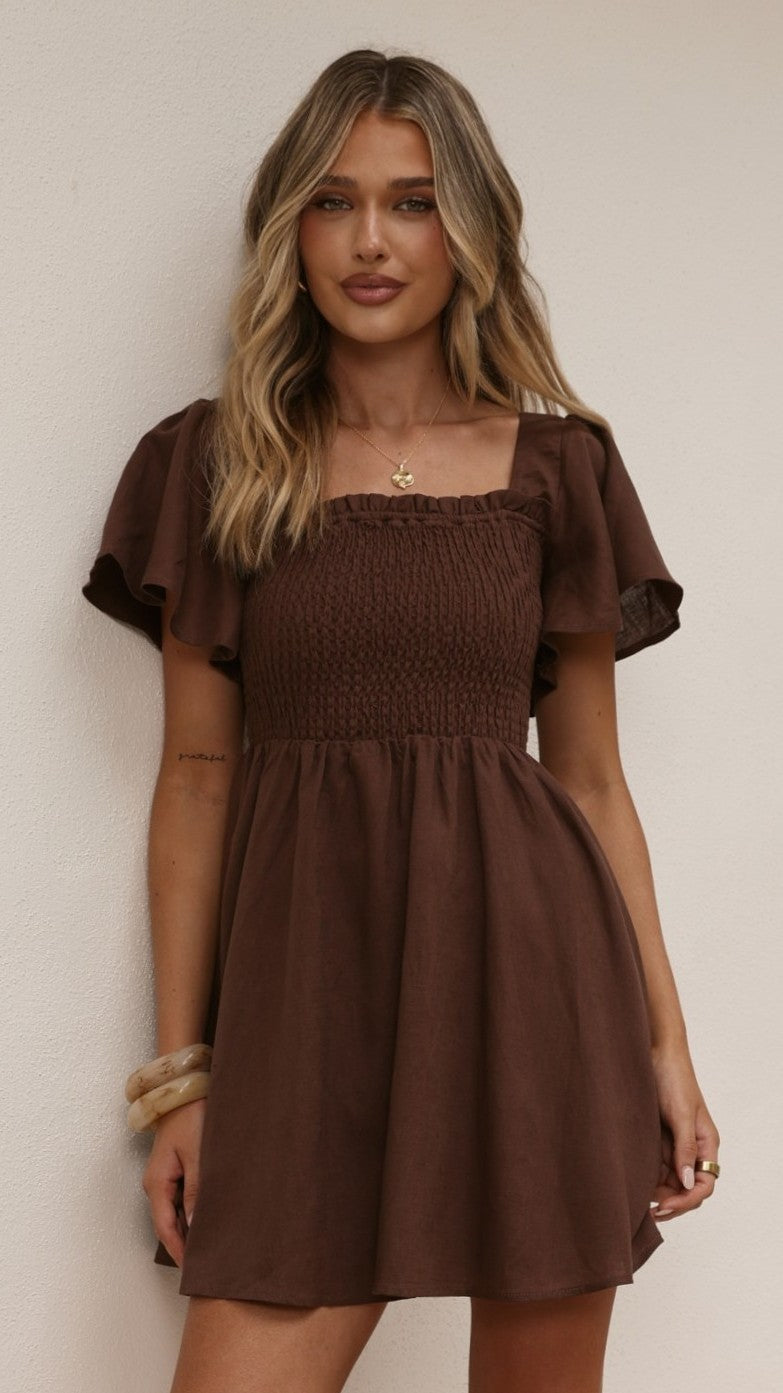 Molly Linen Mini Dress - Chocolate - Billy J