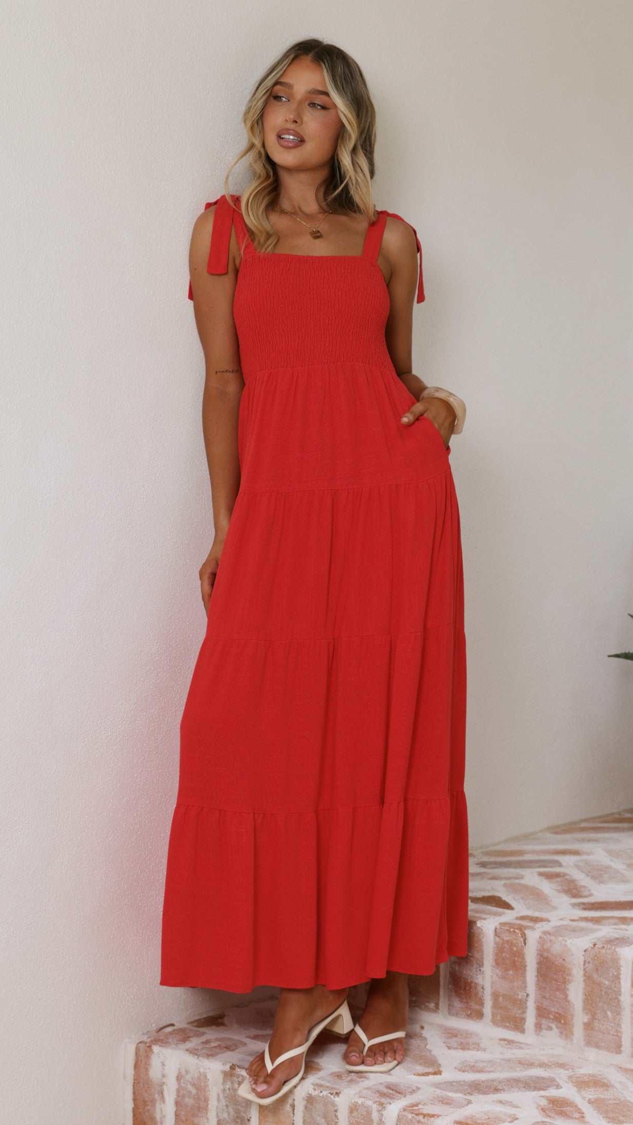 Carlina Tiered Maxi Dress - Red - Billy J