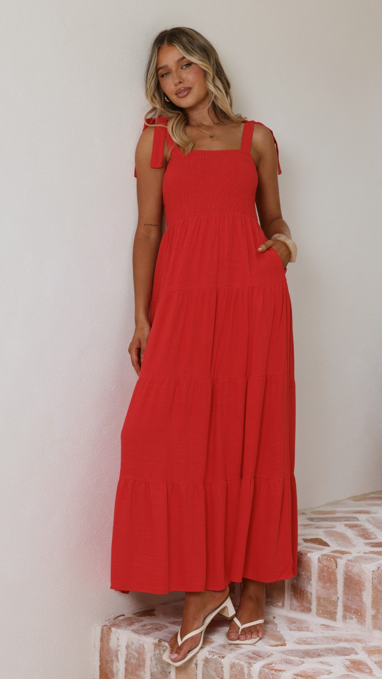 Carlina Tiered Maxi Dress - Red - Billy J