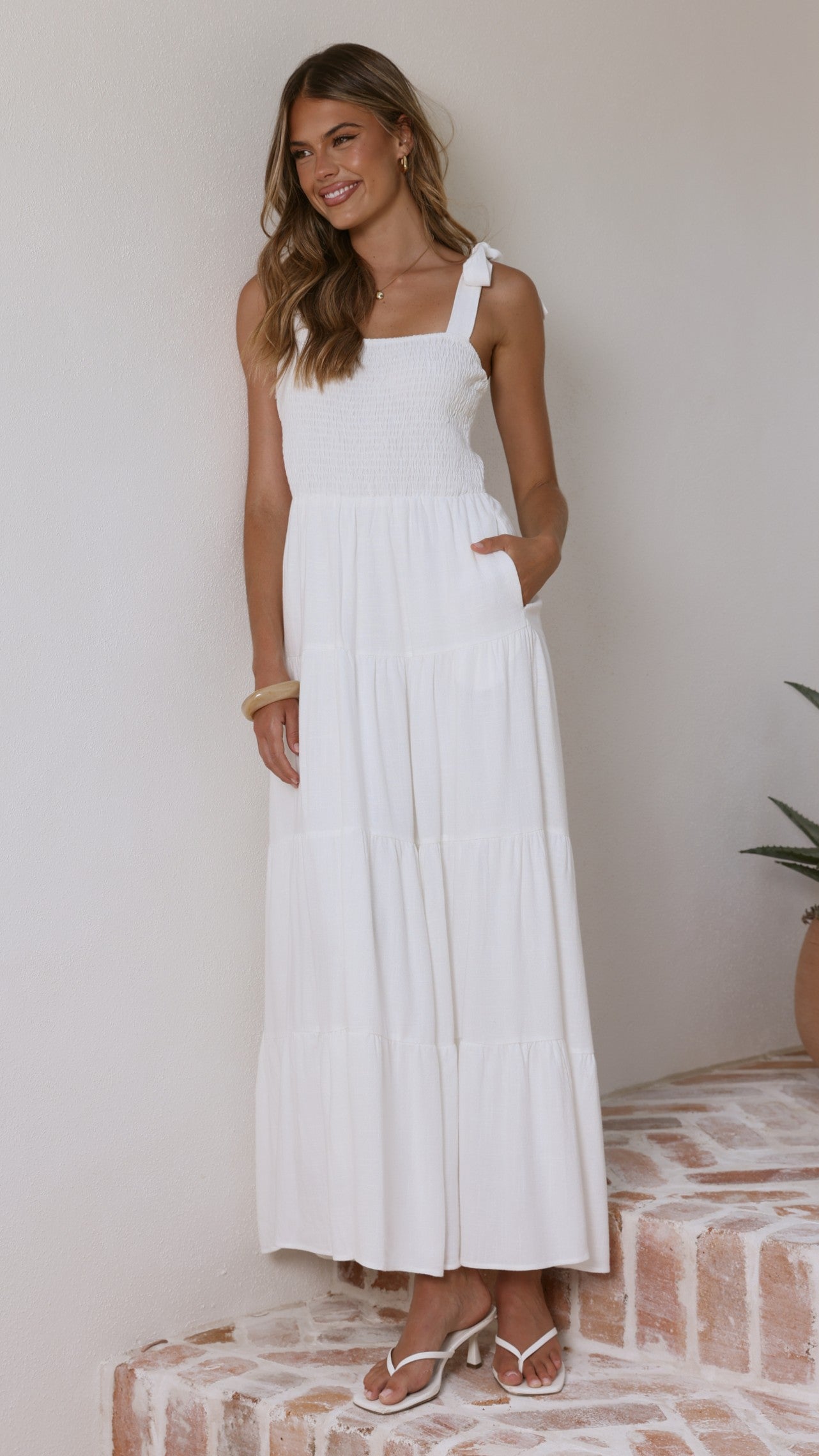 Carlina Tiered Maxi Dress - White - Billy J