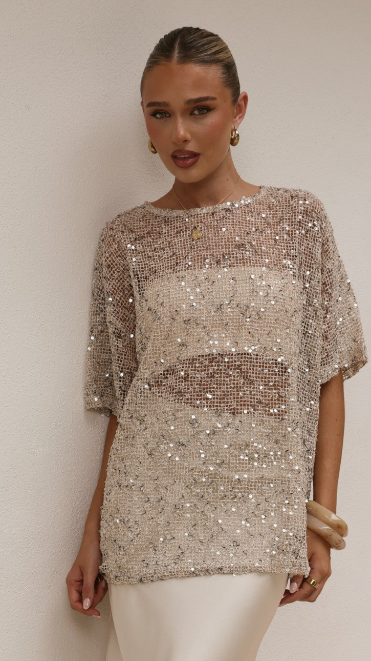 Zinnia Oversized Sequins Tee - Beige - Billy J