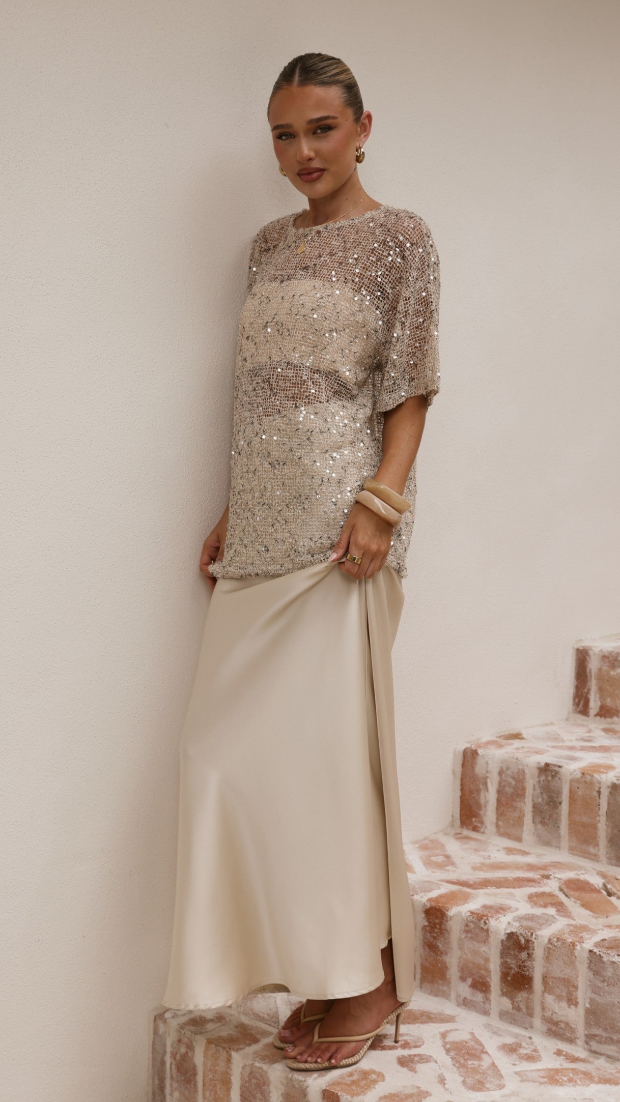 Zinnia Oversized Sequins Tee - Beige - Billy J
