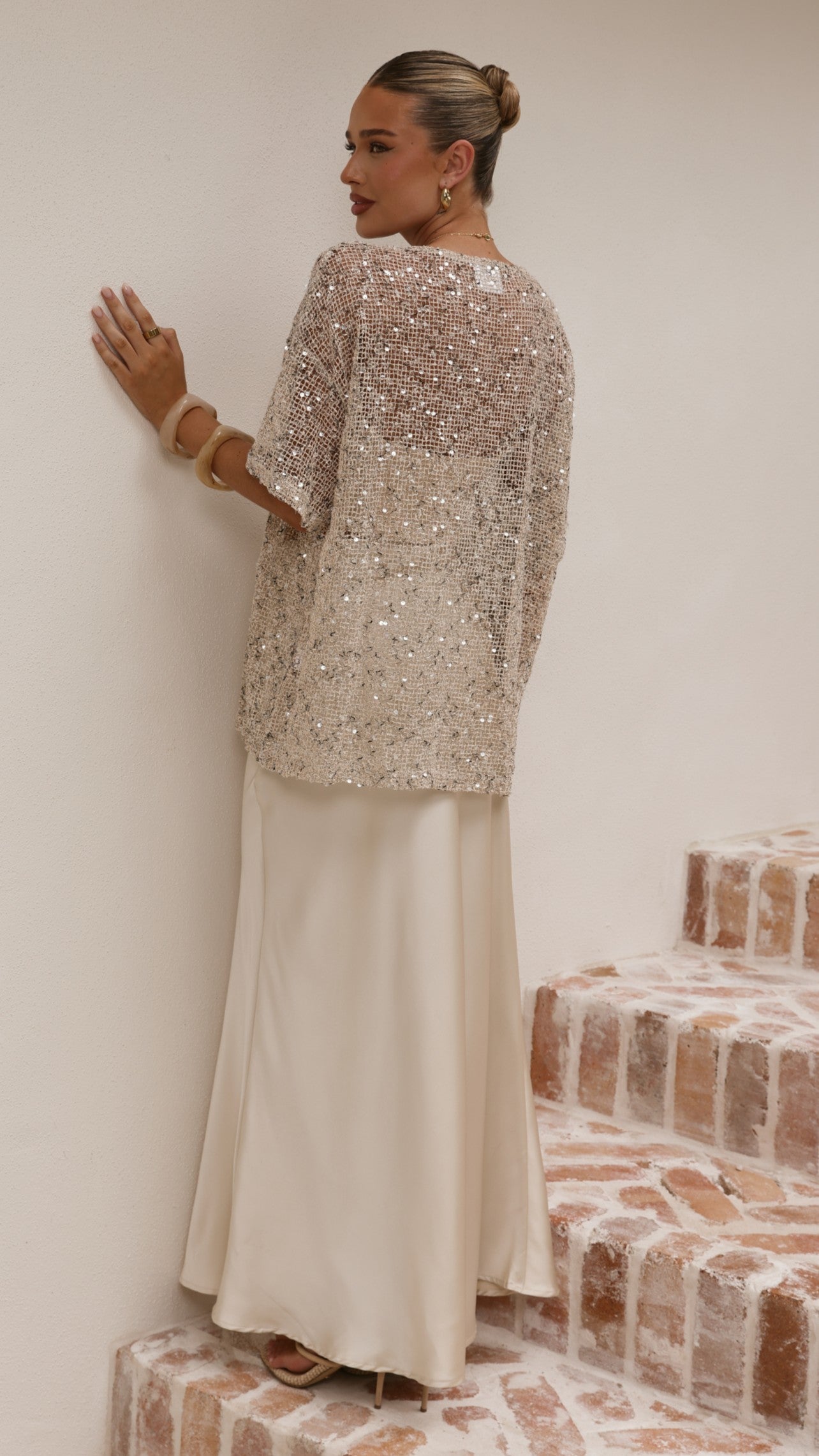 Zinnia Oversized Sequins Tee - Beige - Billy J
