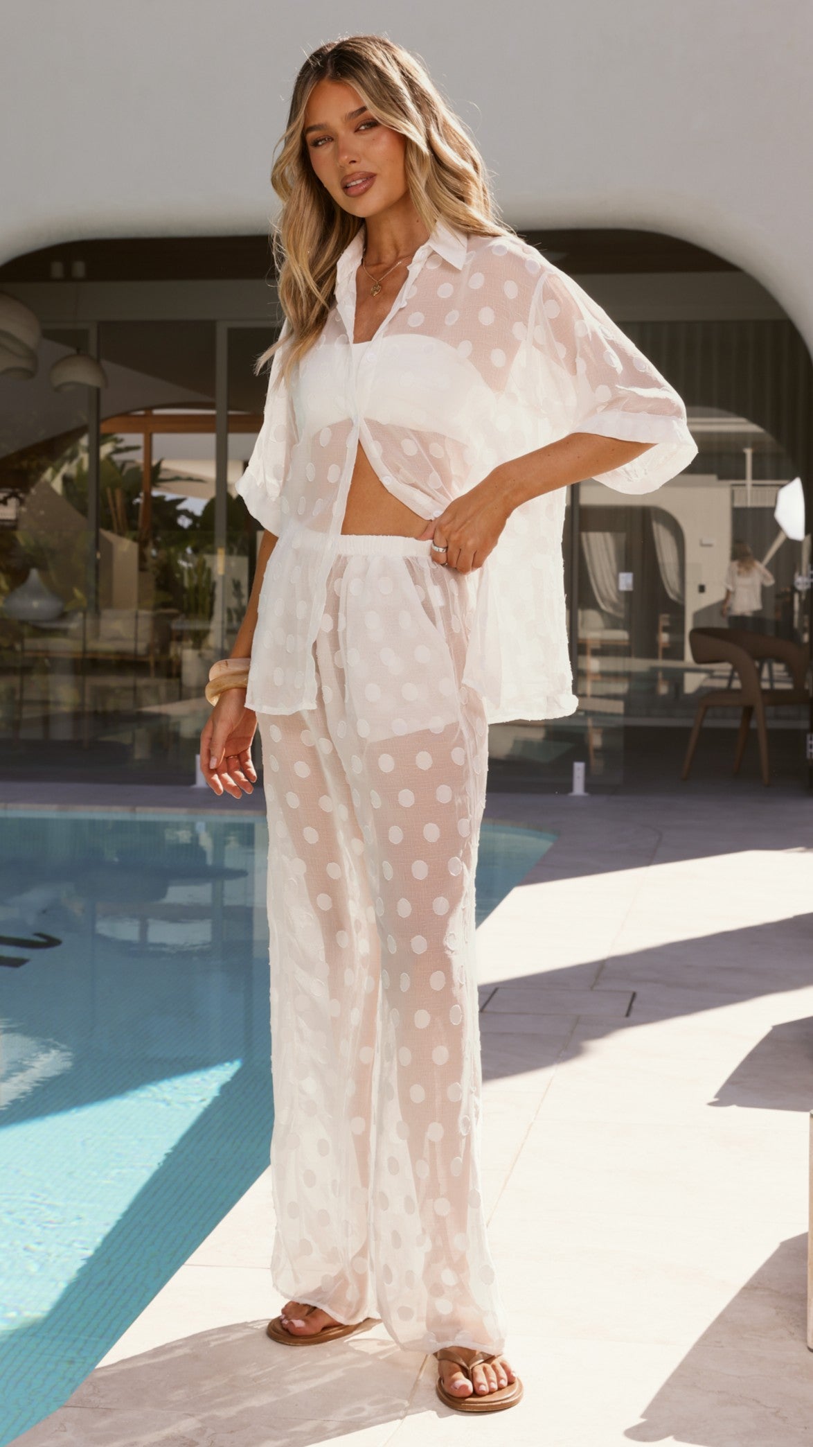 Katherine Semi Sheer Button Up Shirt and Pants Set - White Spot - Billy J
