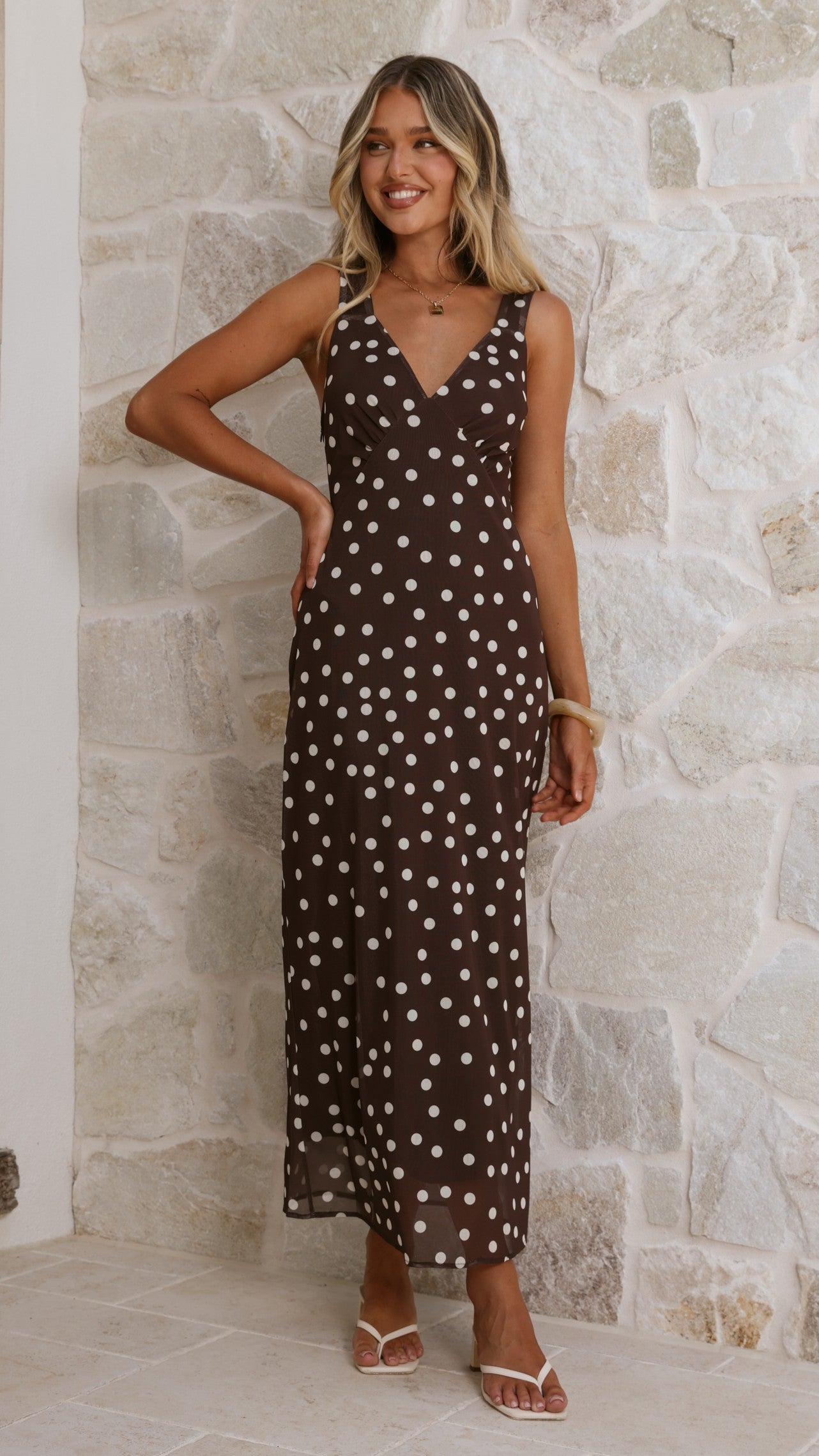 Cassara Maxi Dress - Chocolate / White Polka Dot - Billy J