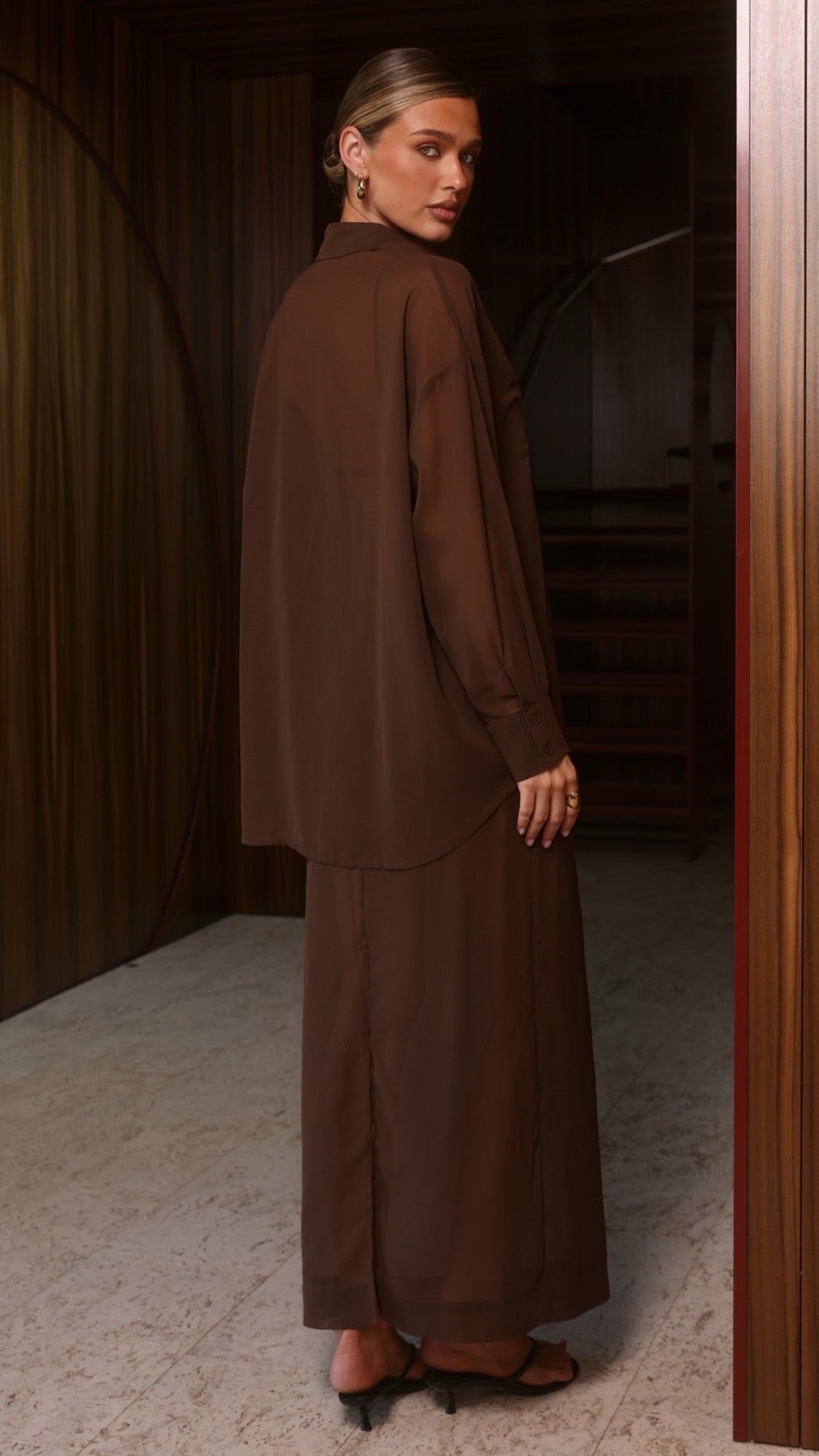 Adella Sheer Long Sleeve Top and Maxi Skirt Set - Chocolate - Billy J