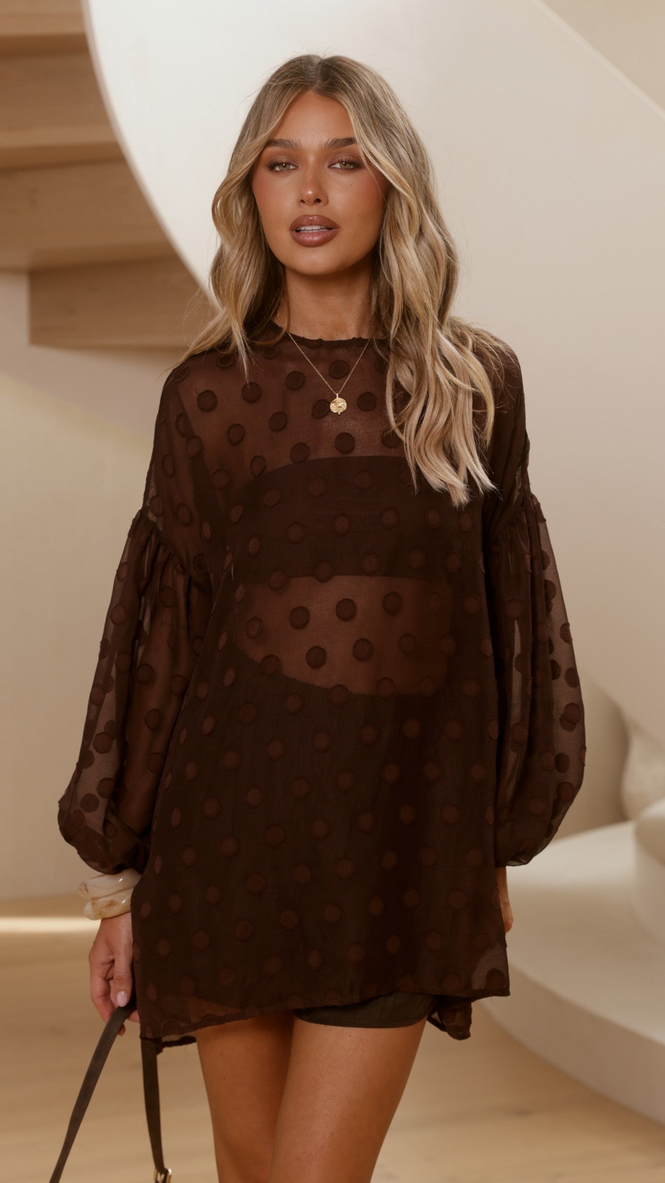 Kathleen Long Sleeve Semi Sheer Top and Shorts Set - Chocolate Spot - Billy J