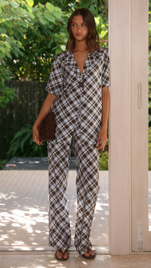 Imogen Button Pants - Chocolate/Blue Plaid - Billy J