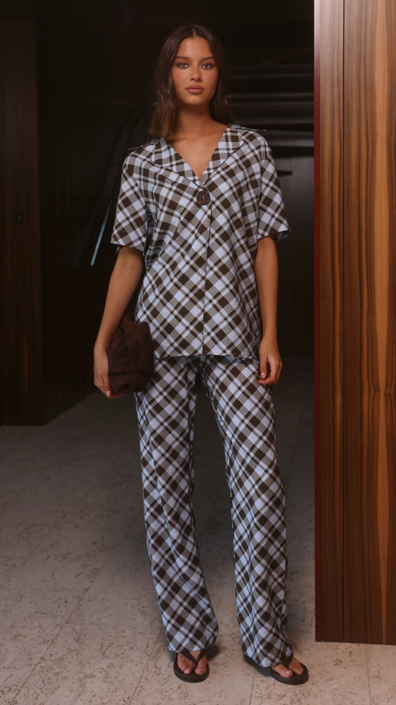 Imogen Button Pants - Chocolate/Blue Plaid - Billy J