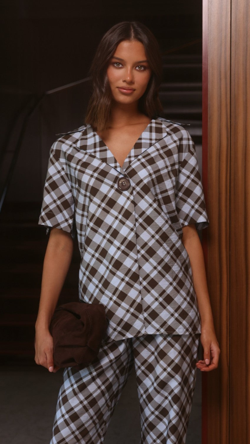 Imogen Button Shirt - Chocolate/Blue Plaid - Billy J