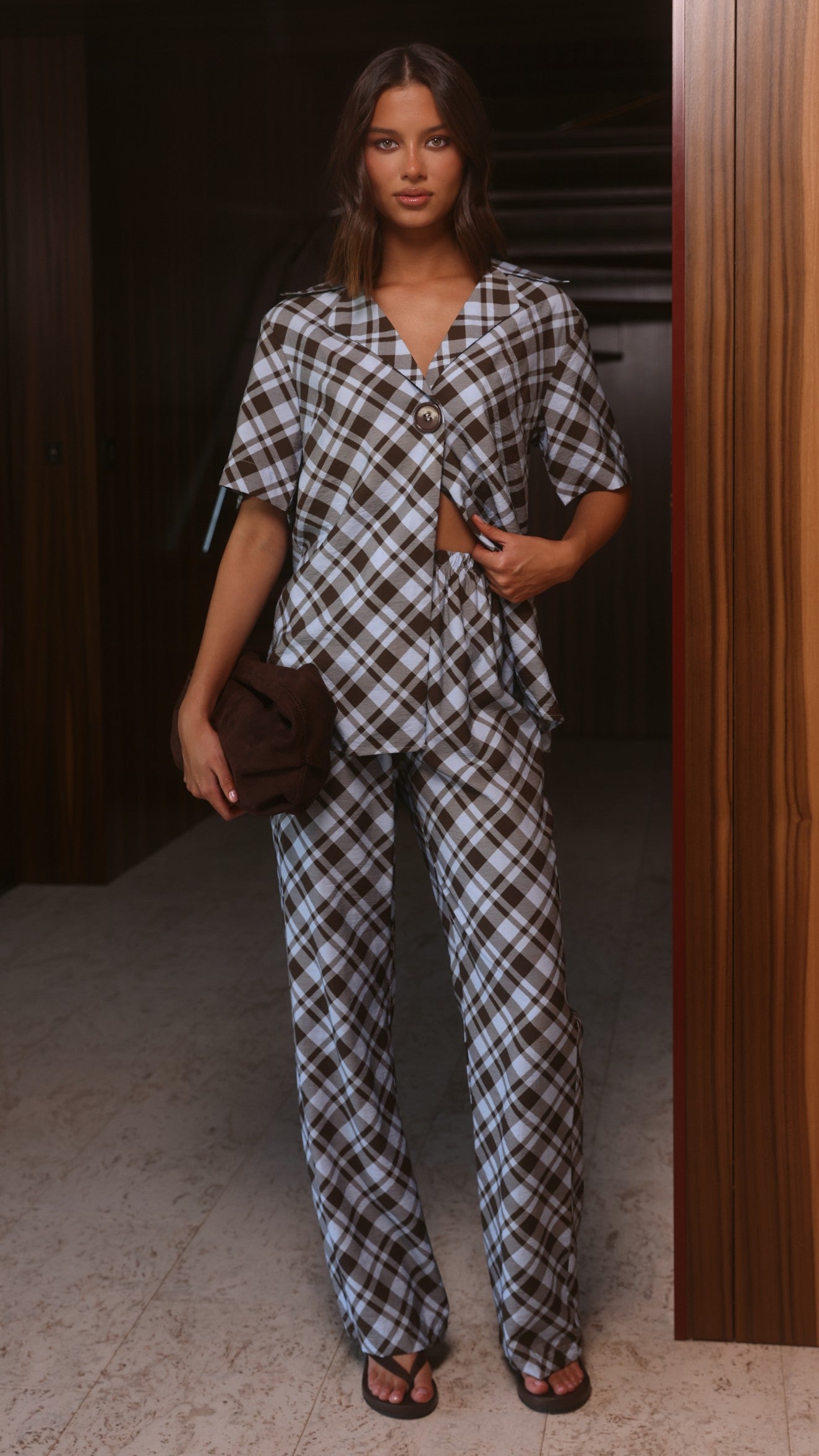 Imogen Button Pants - Chocolate/Blue Plaid - Billy J