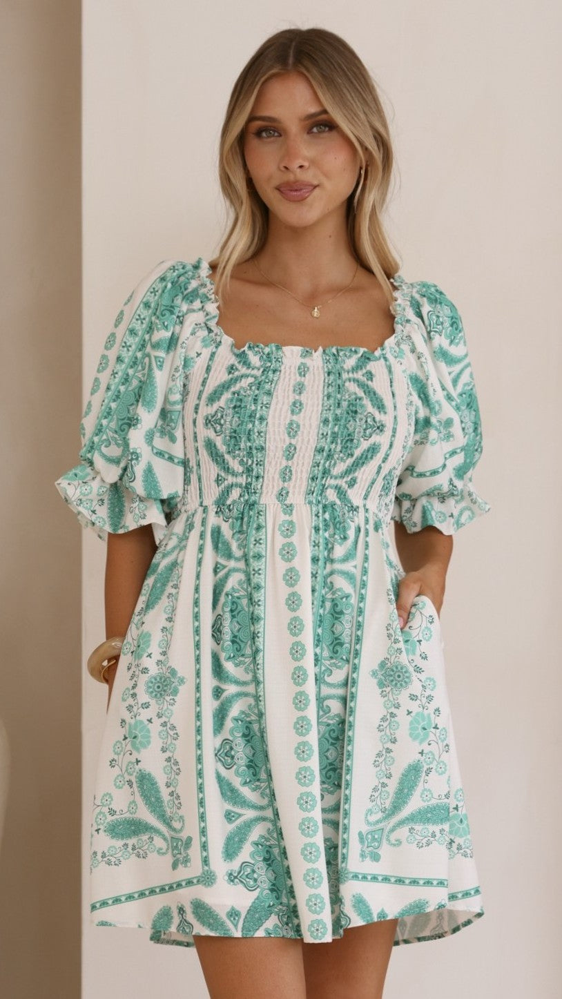 Danica Mini Dress - Green Aztec - Billy J