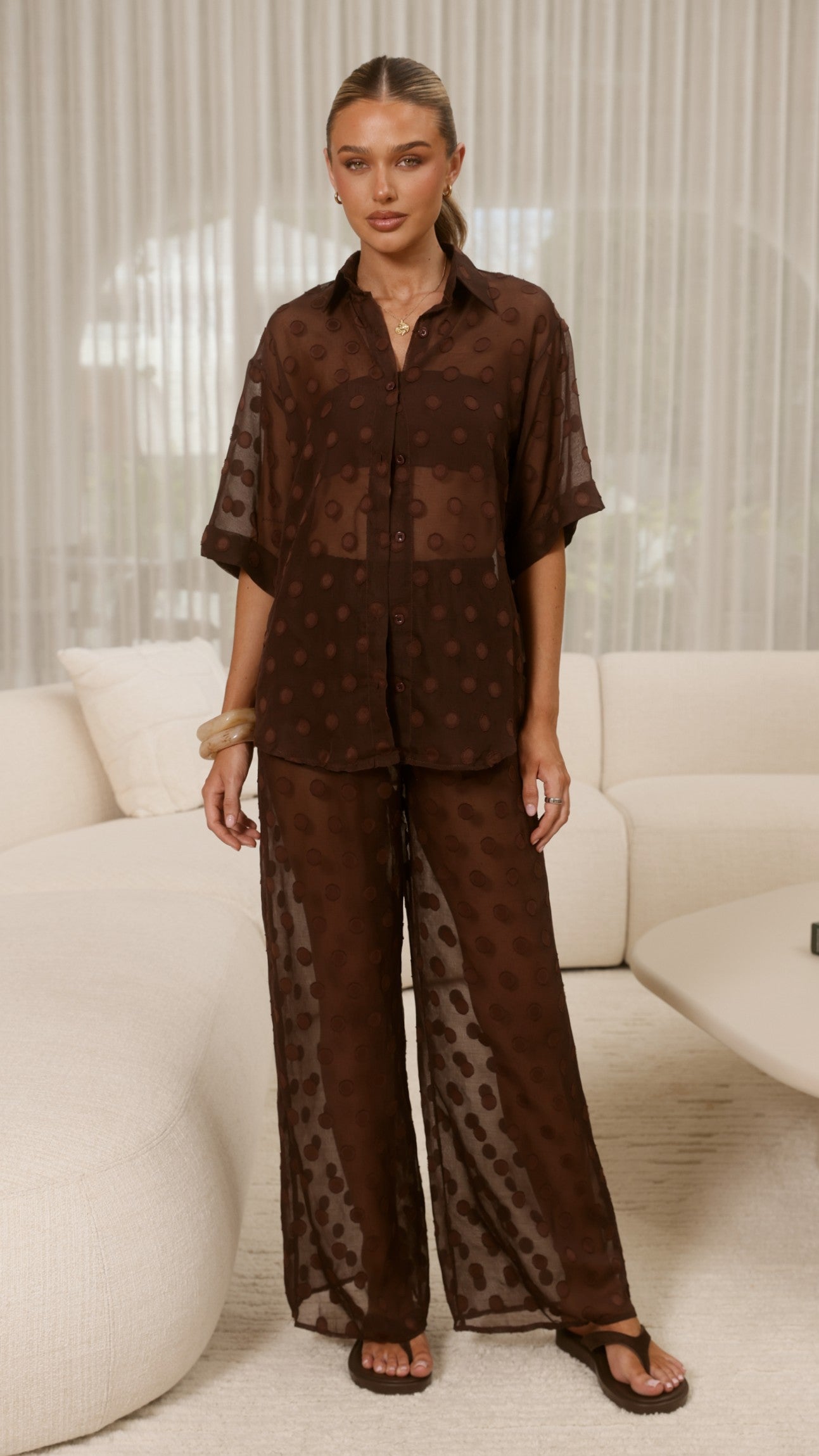Katherine Semi Sheer Button Up Shirt and Pants Set - Chocolate Spot - Billy J