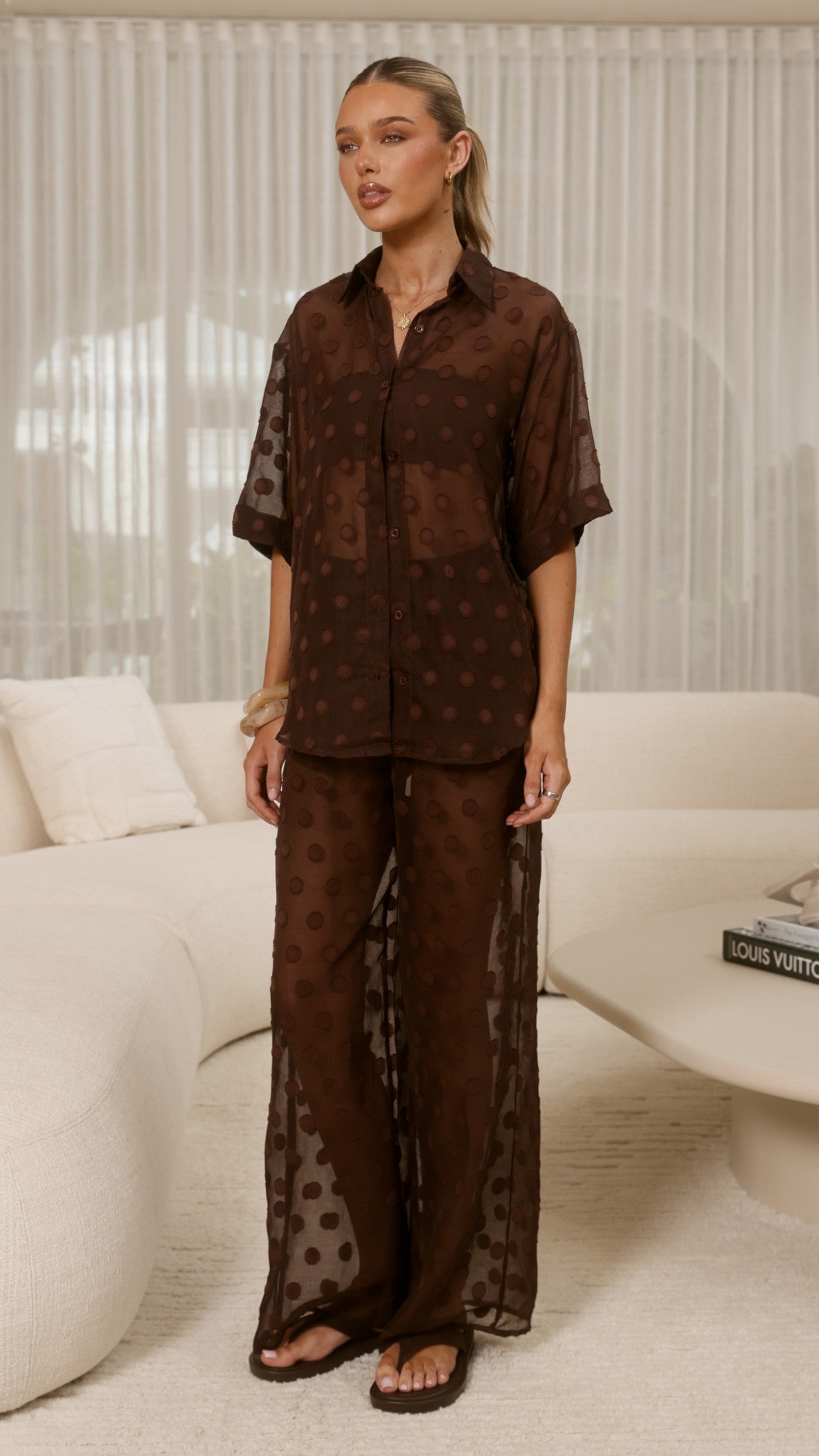 Katherine Semi Sheer Button Up Shirt and Pants Set - Chocolate Spot - Billy J