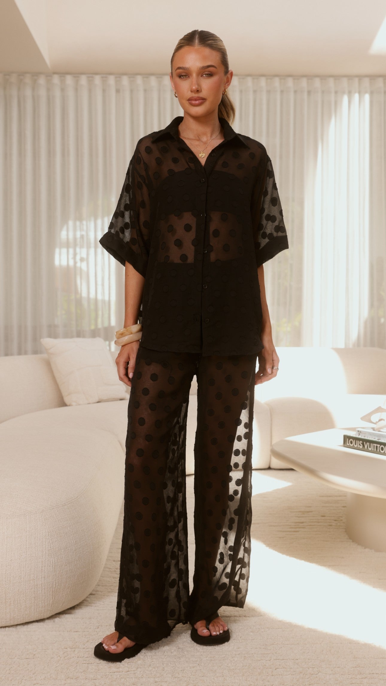Katherine Semi Sheer Button Up Shirt and Pants Set - Black Spot - Billy J
