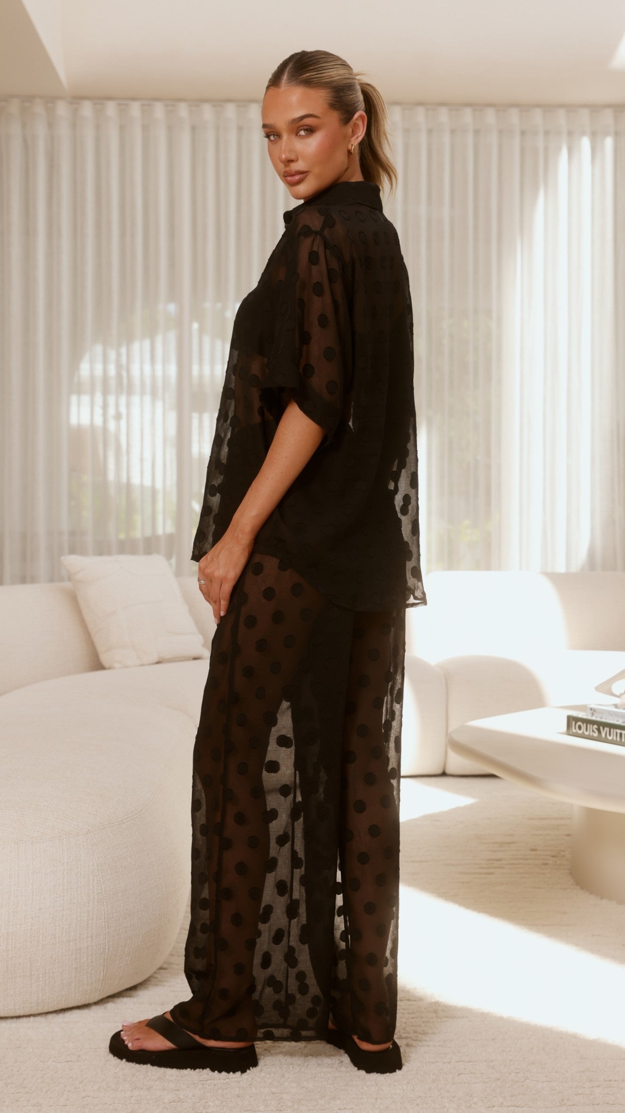 Katherine Semi Sheer Button Up Shirt and Pants Set - Black Spot - Billy J