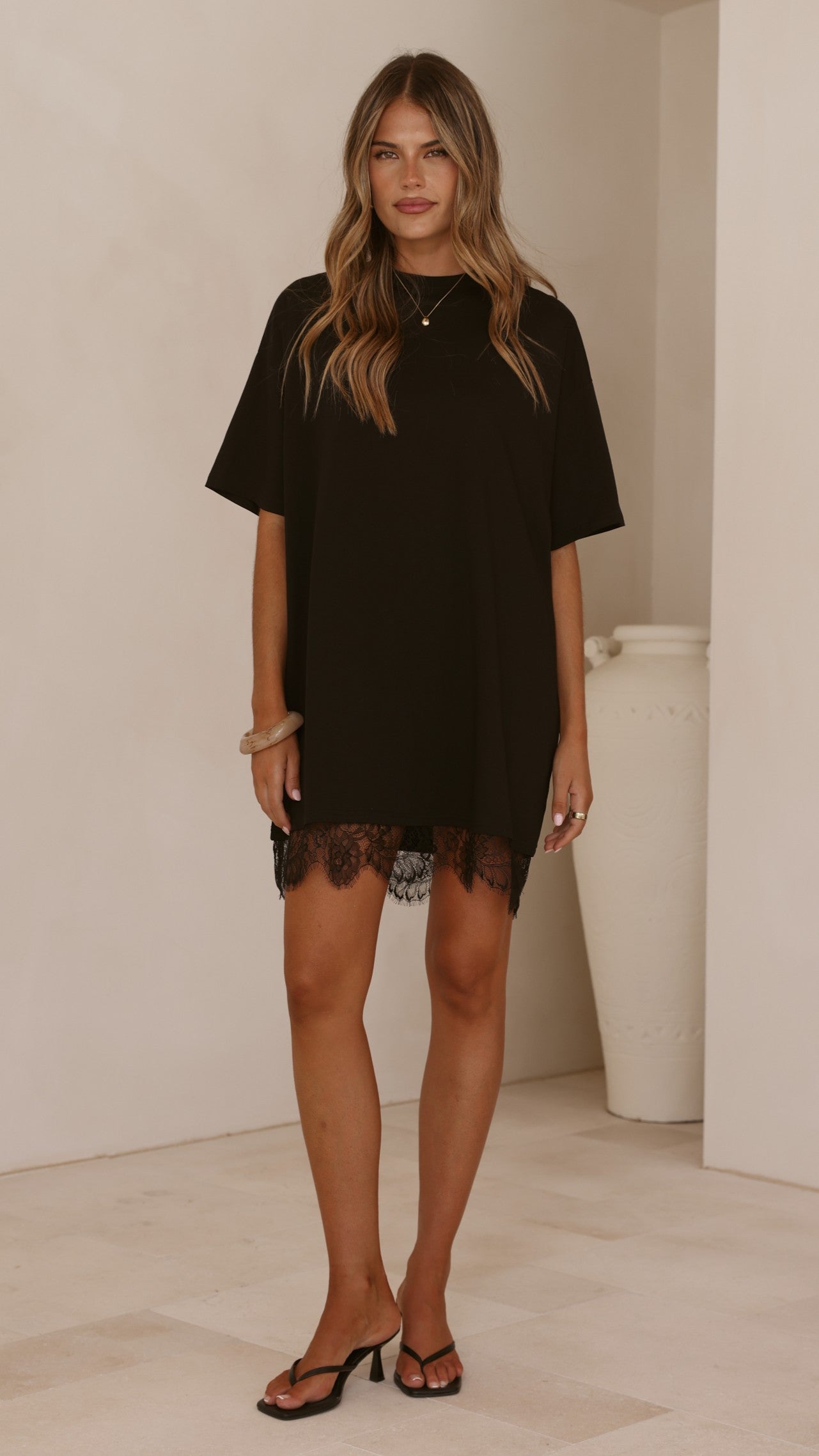 Saya T Shirt Lace Mini Dress - Black - Billy J