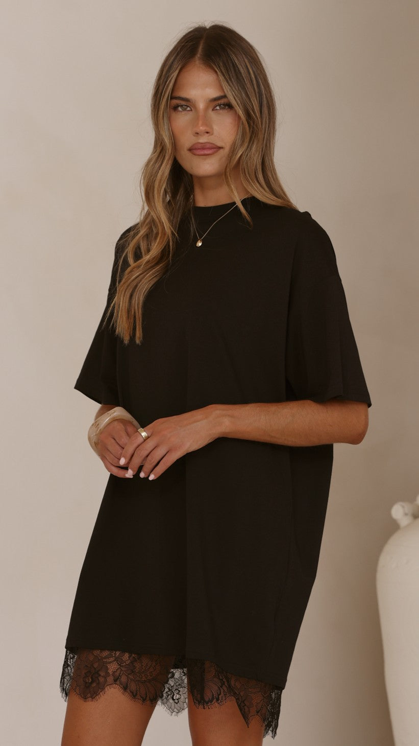 Saya T Shirt Lace Mini Dress - Black - Billy J