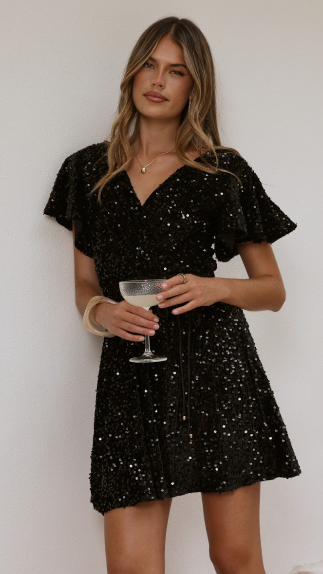 Zinnia Sequins Mini Dress - Black Sequins - Billy J