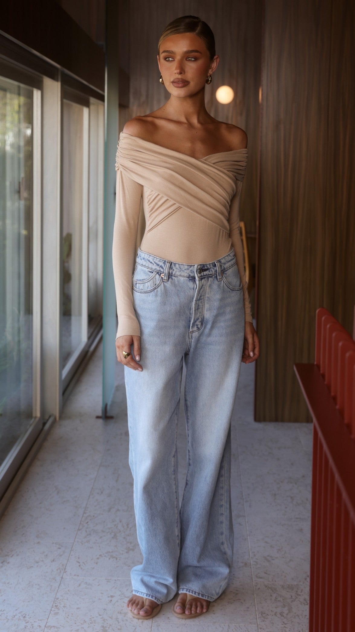 Elkie Off Shoulder Bodysuit - Beige - Billy J