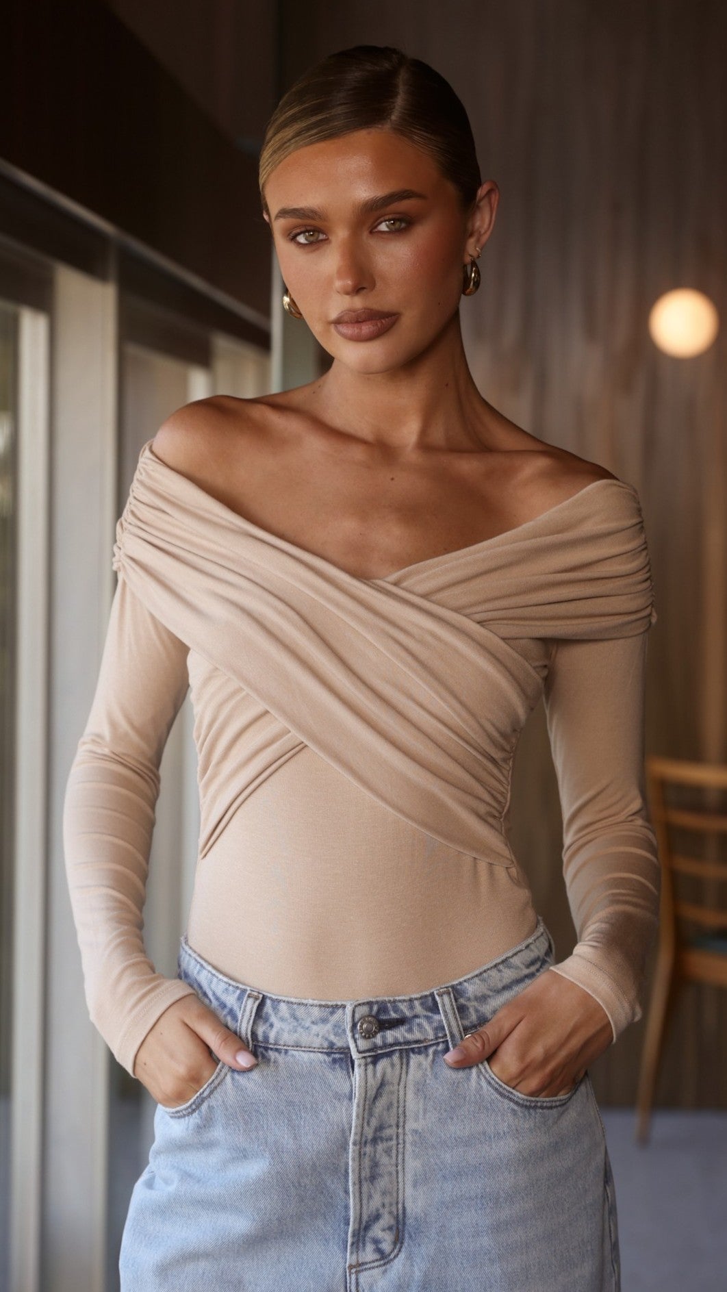 Elkie Off Shoulder Bodysuit - Beige - Billy J