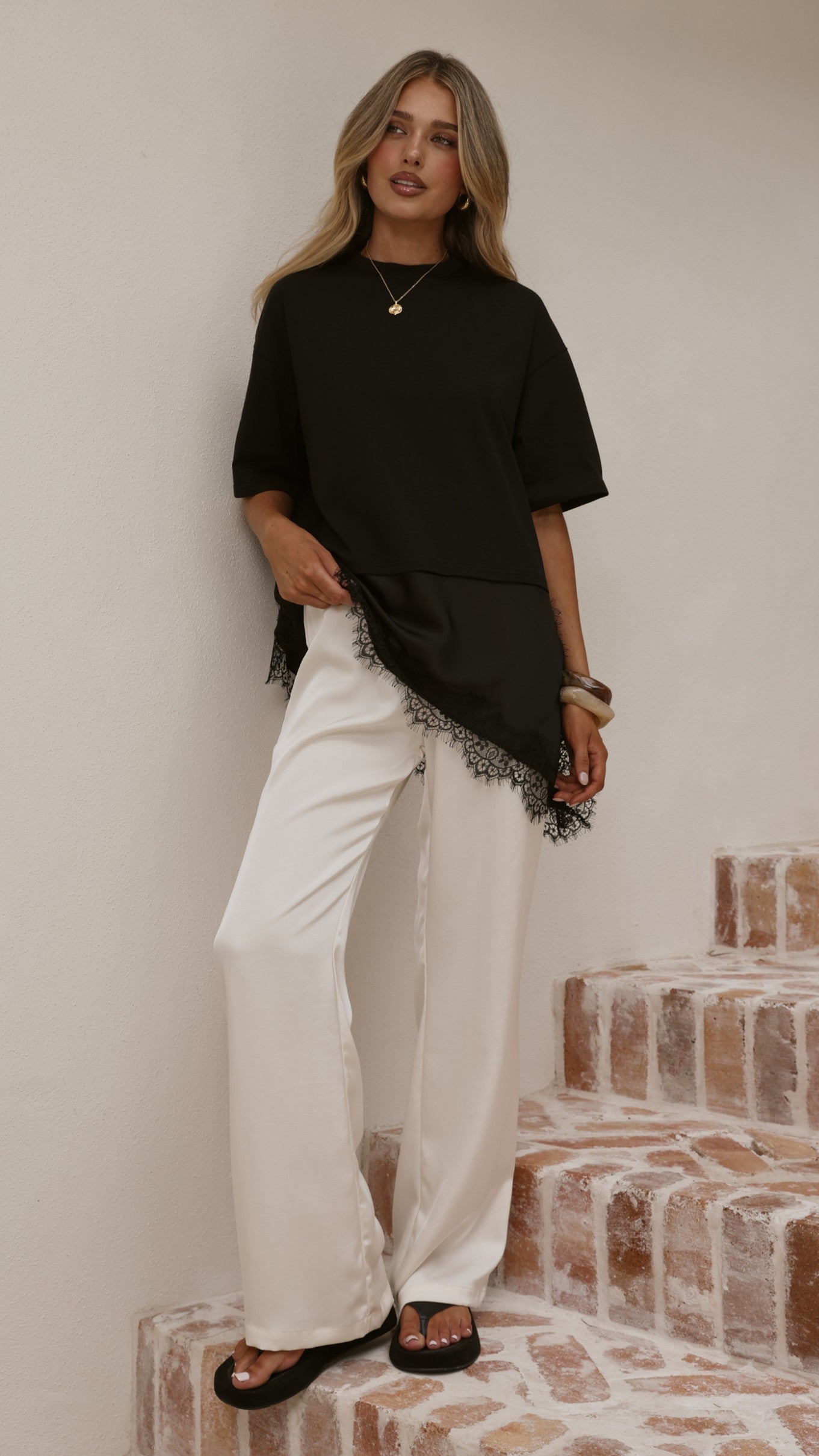 Mirandah Satin Panel T-Shirt - Black - Billy J