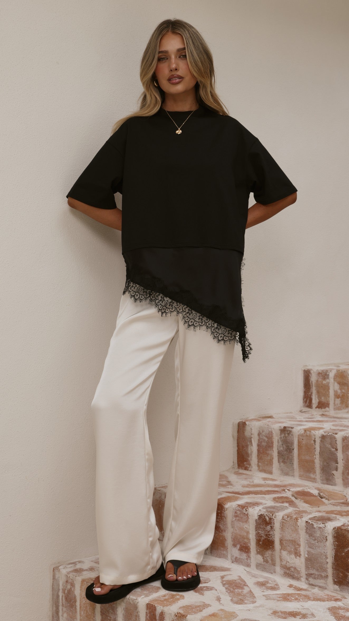 Mirandah Satin Panel T-Shirt - Black - Billy J