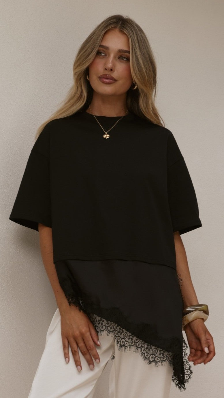 Mirandah Satin Panel T-Shirt - Black - Billy J