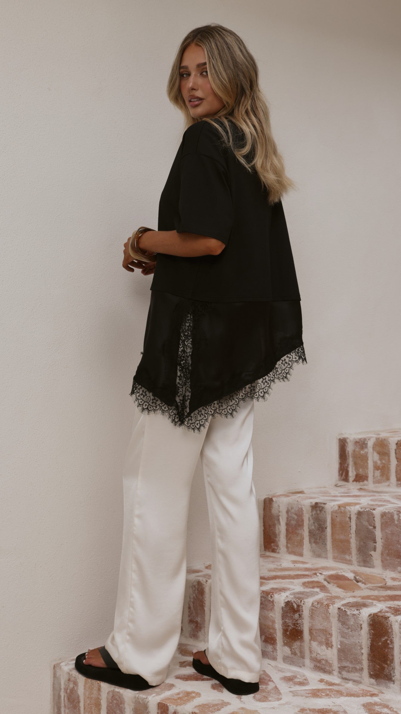 Mirandah Satin Panel T-Shirt - Black - Billy J