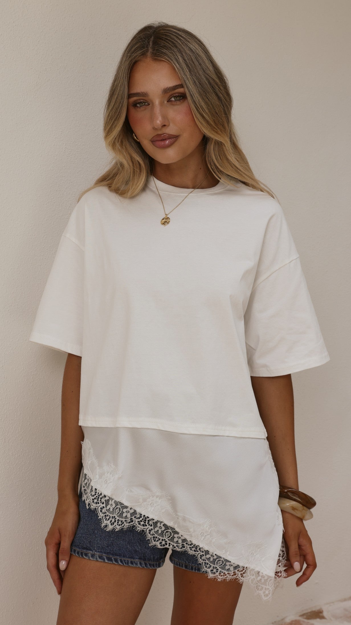 Mirandah Satin Panel T-Shirt - White - Billy J