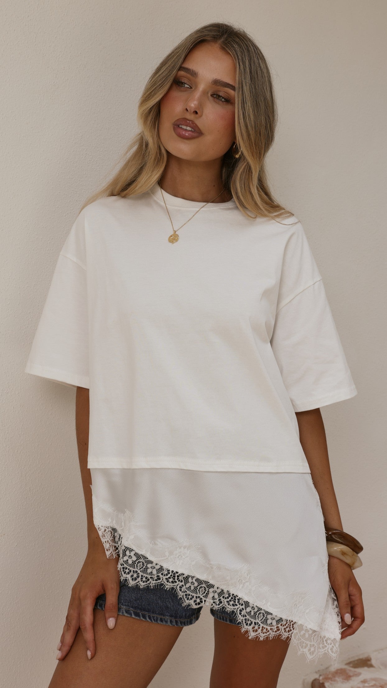 Mirandah Satin Panel T-Shirt - White - Billy J