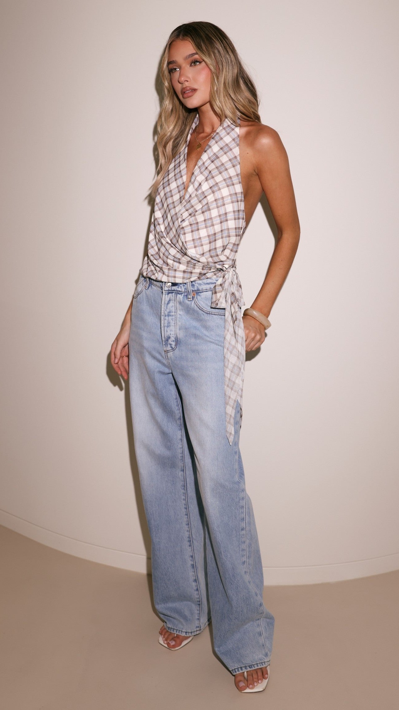 Belle Halter Neck Top - Neutral Check - Billy J