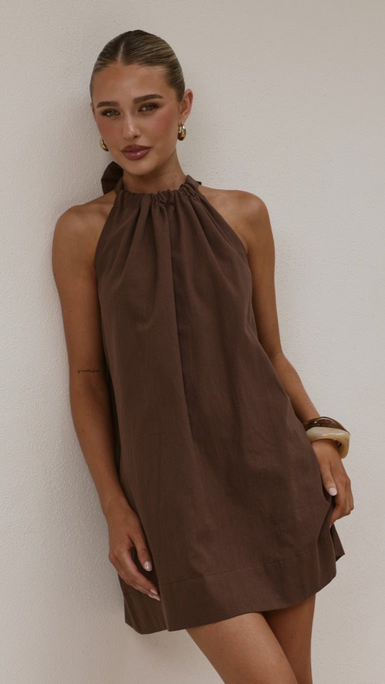 Demy Halter Mini Dress - Chocolate - Billy J